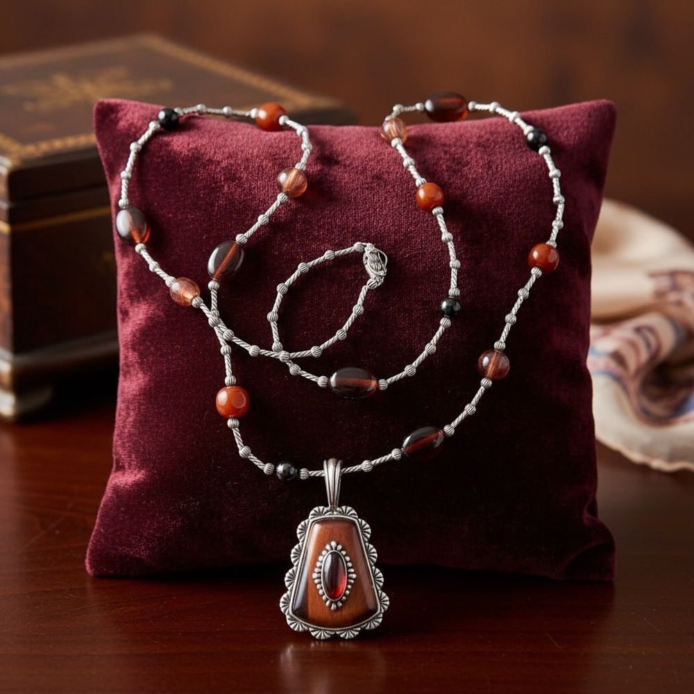 Sterling-Style Carnelian Pendant Necklace in Brown-Red